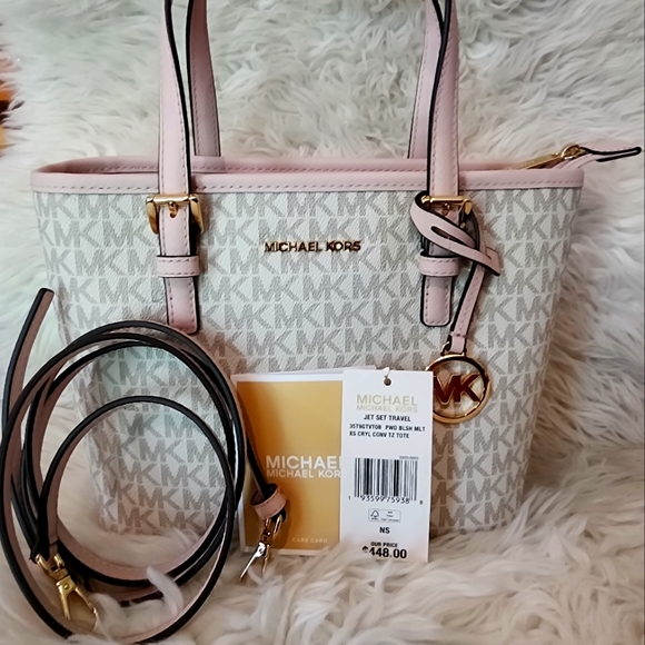 NWT. Michael Kors Powder Blush Jet Set Travel Extra-Small Logo Top-Zip Tote Bag - Picture 1 of 11